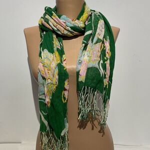 Women's Butterfly Print Fringe Hem Green Neck Warmer Scarf 25 X 62